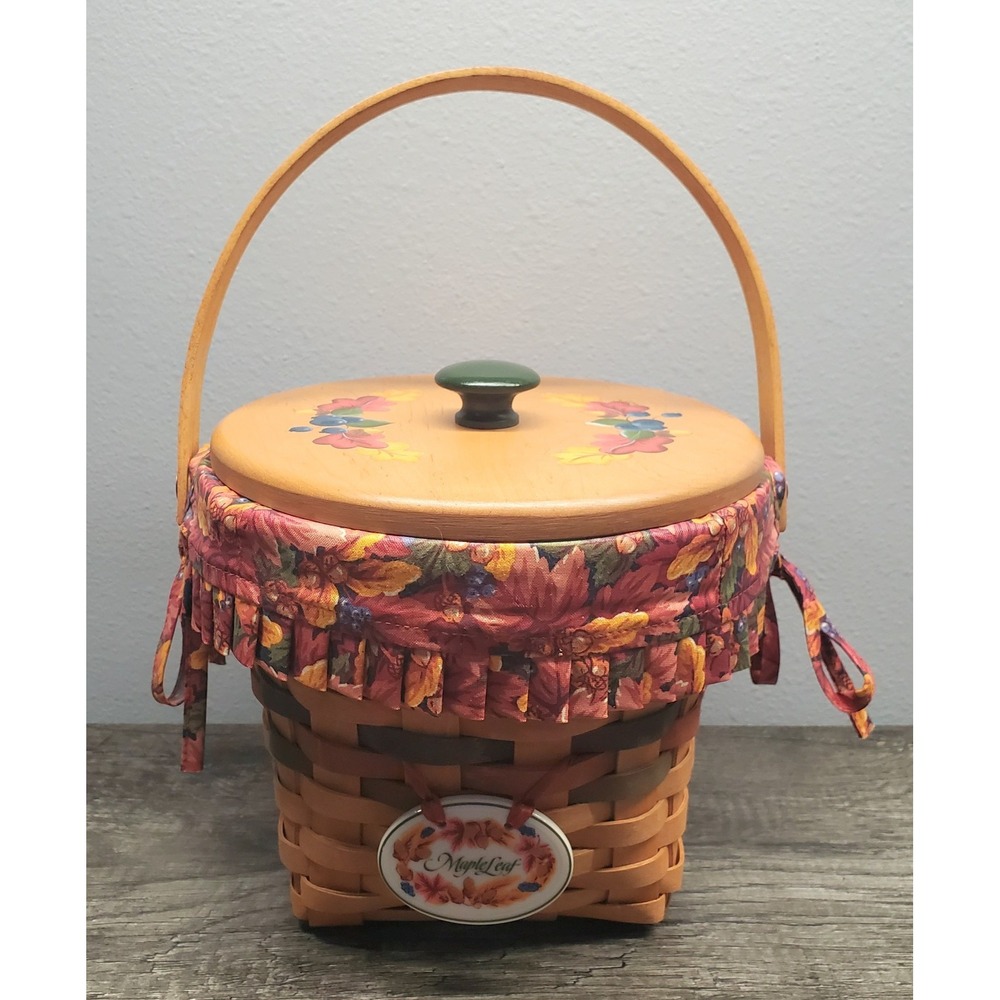 Longaberger 1996 Autumn Maple Leaf Basket w Lid Liner Divider Protector & Tie On